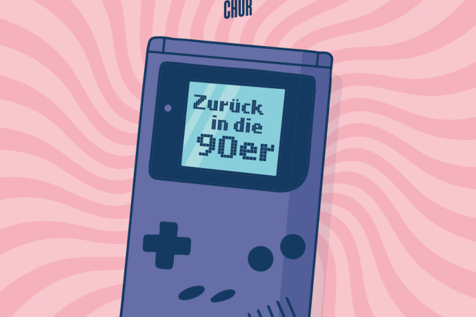 Adventure Rooms Enuit (© Enuit) Illustration of a retro handheld game console with "Zurück in die 90er" on the screen. Pink spiral background