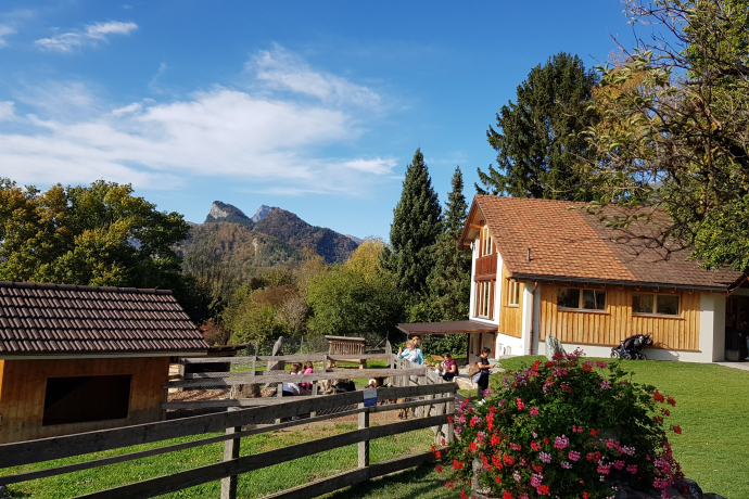 Heididorf (© Michael Christ) A serene farm scene with a wooden house and barn surrounded by lush trees and mountains in the background under a clear blue sky